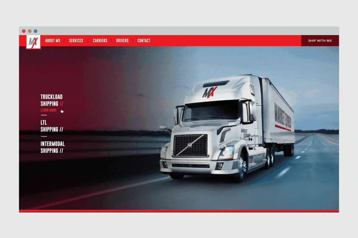 Market Express trucking home page simple navigation