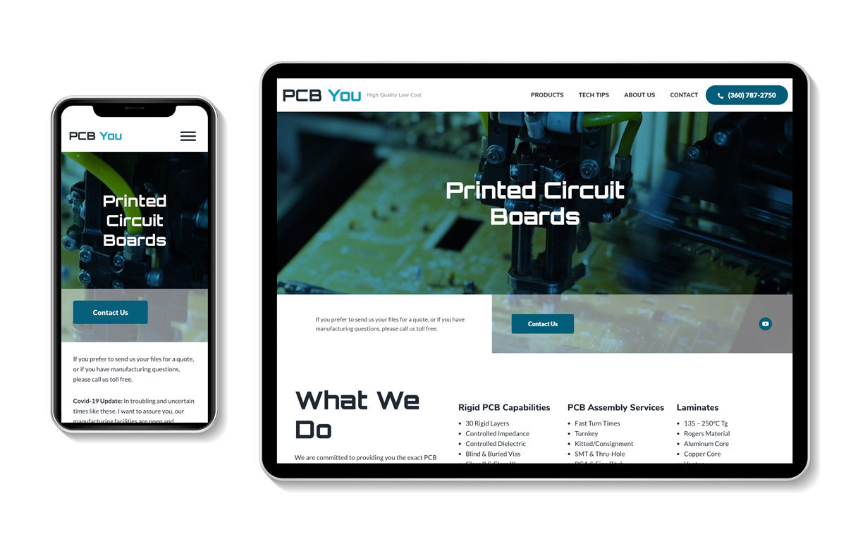 PCB You Home page - Responsive website on mobile phone and tablet
