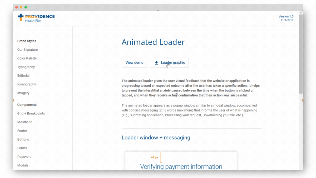 Providence Health and Services - Style guide Animated Loader page website scrolling animation