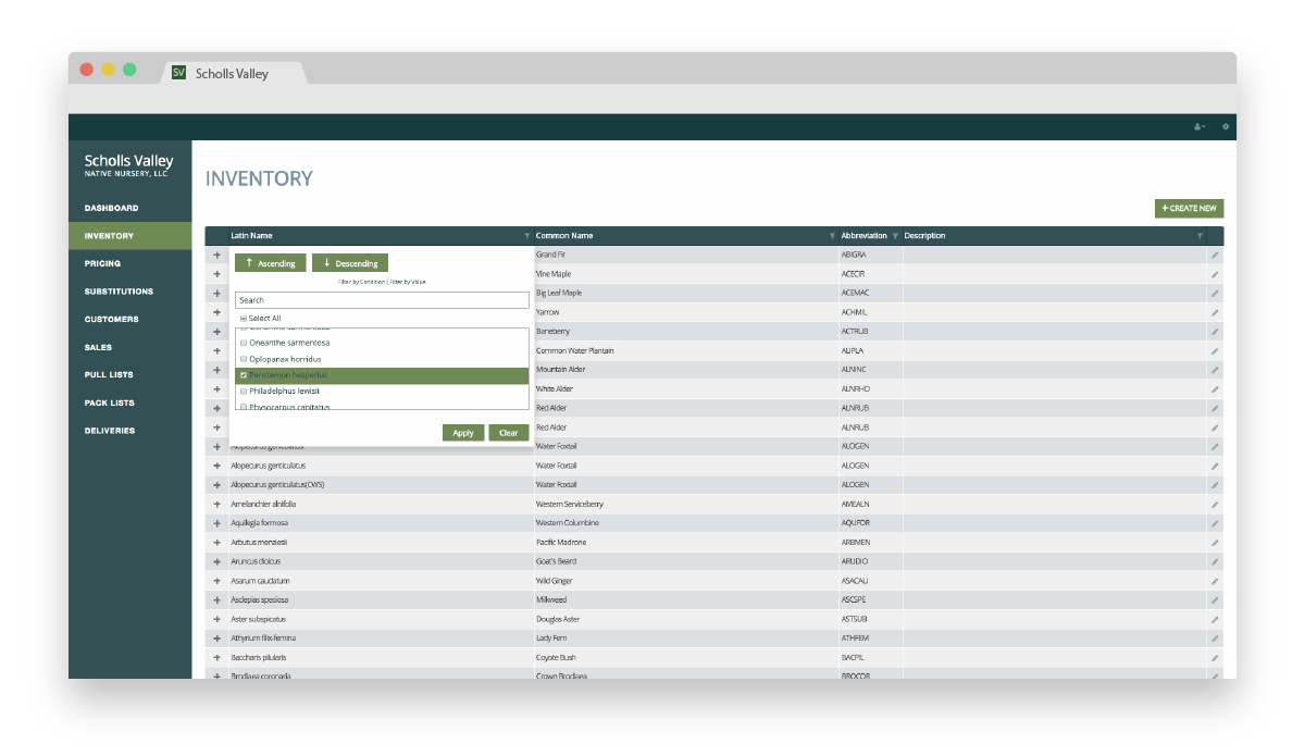 Scholls Valley native Nursery Inventory Management System inventory page screenshot